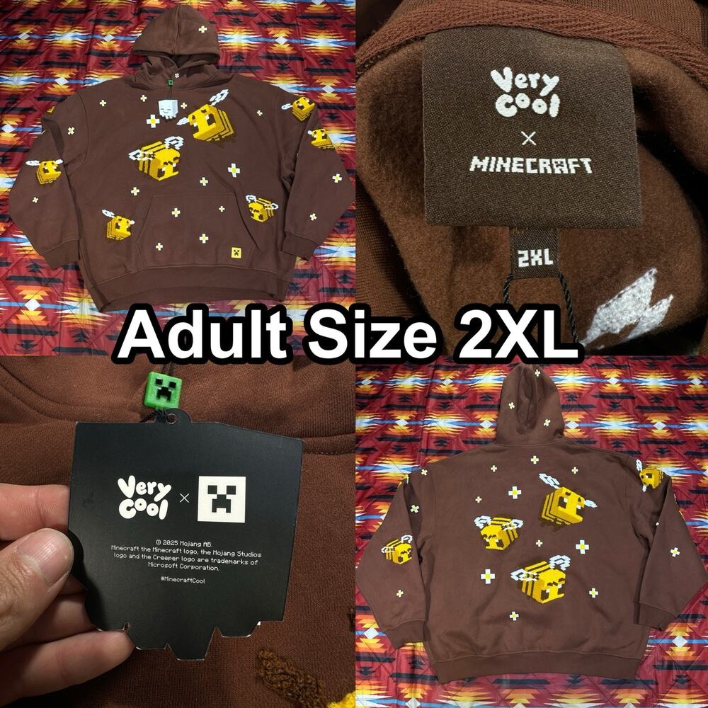 Very Cool x Minecraft Bee Embroidered Brown Fleece Pullover Hoodie Adult Sz 2XL